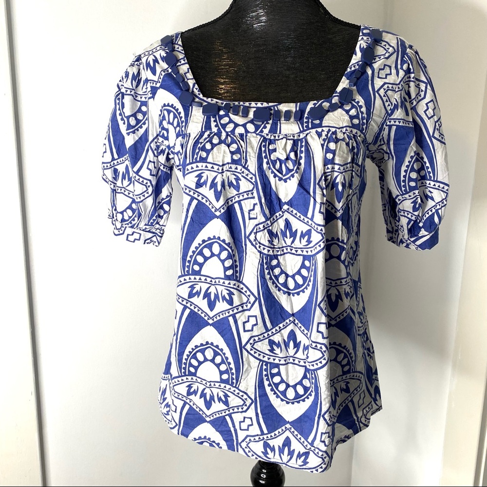 Marina Luna Blue White Beaded Square Neck Puff Sleeve Cotton Top